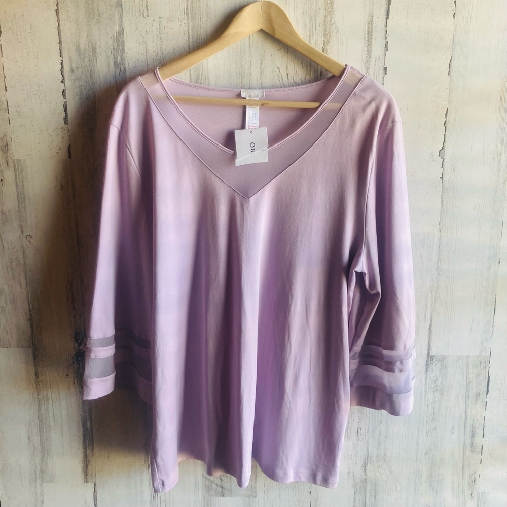 HANRO Delia Pajama Top L Organic Cotton Lavender Tulle Inset Loungewear